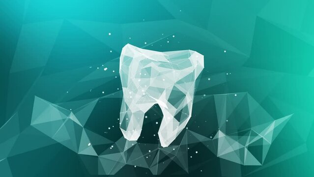 3D model of a tooth from polygonal lines and triangles. Dental green abstract background with glowing dots and lines. Looped. Wireframe low poly style banner.