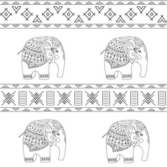 Seamless vector pattern hand drawn of doodle cartoon elephants with ethnic ornaments, isolated.