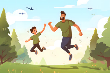 father with son running and spending happy outdoor quality family time together on father's day illustration