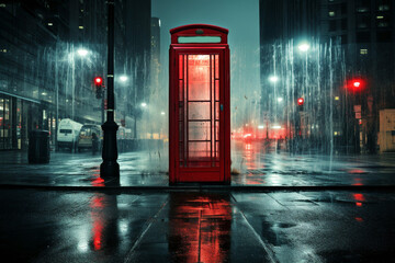 Color splash of red phone booth in middle of street. Evening mist. Generative Ai content.
