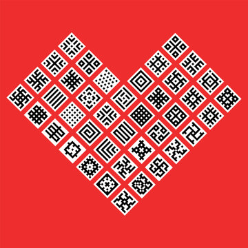 heart, postcard, illustration of a heart made of white elements, a sign of love on a red background, vector
