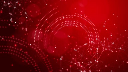Abstract cosmic red illustration with moving dots and interlaced lines. Blurred geometric background. Looped animation.