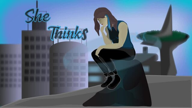 A vector 2d animation of a modern and female take of Rodin's "The Thinker"