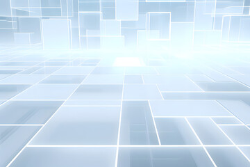 Bright white futuristic grid landscape with subtle floating cubes