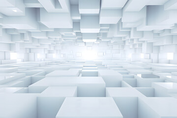 Endless white cubic structures converge to a luminous focal point