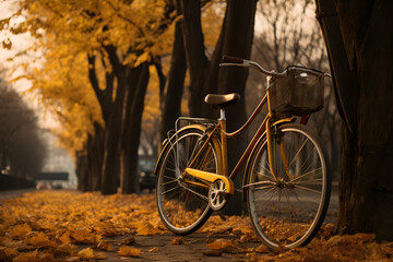 Fototapeta na wymiar bicycle leaning against a tree with fallen leaves