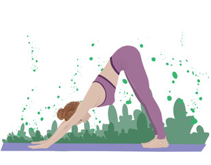 Downward Dog Pose. Hand drawn flat yoga poses collection, organic vector. Young woman practice yoga at yoga studio. Physical and spiritual practice. Vector illustration in flat cartoon style.