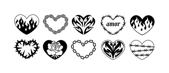 Fototapeta na wymiar Y2k Gothic Punk Hearts tattoo art stickers set 3. Vector black hearts with barbed wire, fire, amor, rose, chain. Neo tribal style heart tattoo. Aesthetic 2000s gothic girly print design