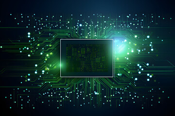 Central green chip emits radiant lights and patterns on a dark background