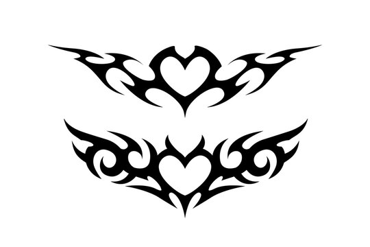 Neo tribal heart tattoo art in Y2k style. Aesthetic 2000s tattoo. Abstract onament with black gothic tribal heart tattoo design. Isolated vector illustration