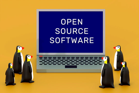 Open source software. Penguins and laptop. 3d illustration.