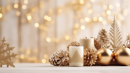 Christmas and New Year background with candles, cones and Christmas decorations.