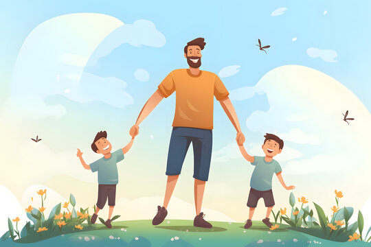 Father holding hands with two children outdoors with sky and birds