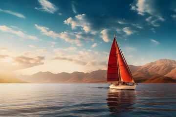 A boat sailing on a lake. Cruising on the yacht - obrazy, fototapety, plakaty