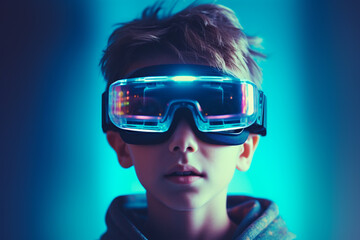 Kid Using a VR Virtual Reality Headset Glasses for Gaming and Education 
