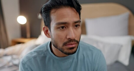Frustrated man, stress and argument in bed from fight, conflict or cheating affair at home. Upset male person in toxic marriage, relationship or depression in disagreement or mental health in bedroom - Powered by Adobe
