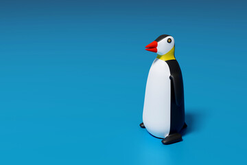 Penguin on a blue background. 3d illustration. Copyspace banner.