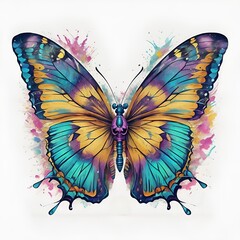 Butterfly and splashes of watercolor on white background. Photorealistic illustration generated ai
