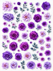 Purple and violet flower buds with petals on white background. Illustration generated ai