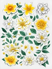 Fotobehang Yellow and white flower buds with petals on gray background. Illustration generated ai © Igor