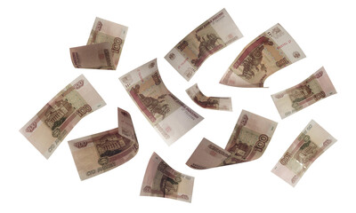 Isolated Russian Banknotes. Russian Money. Flying Money. One hundred rubles.