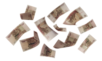 Isolated Russian Banknotes. Russian Money. Flying Money. One hundred rubles.