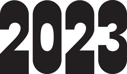 2023 Happy New Year logo text design template. Vector illustration with black labels isolated on white background.