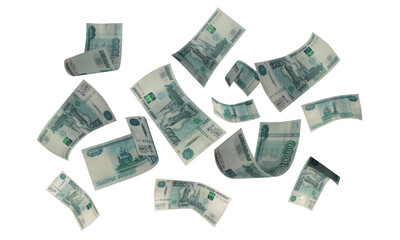 Isolated Russian Banknotes. Russian Money. Flying Money.  One thousand rubles.