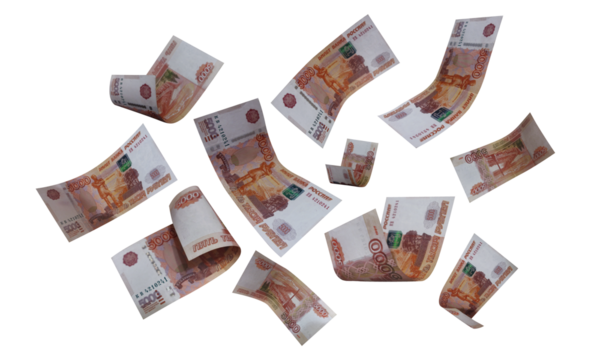 Isolated Russian Banknotes. Russian Money. Flying Money.  Five thousand rubles.