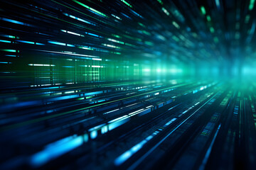 Green light beams speed through a digital data tunnel illustration