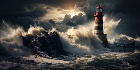 AI Generated. AI Generative. Nautical marine navy landscape with lighthouse on rock coast line with huge waves. Sea adventures vibe