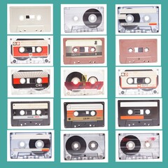 Collage of vintage audio tape cassettes.