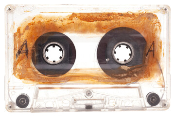 Close up of old audio tape cassette side A, isolated on white background, vintage 80's music...