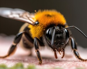 A photorealistic image of a super macro shot of Bumblebee,  macro lens, emphasizing the detail and realism of image. Generative AI