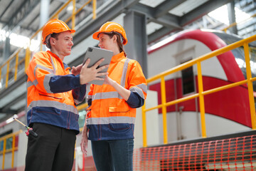 Engineer specialist and technician maintenance railway inspect construction site.