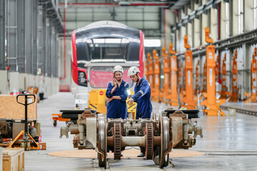 Engineers inspecting locomotive in railway engineering facility