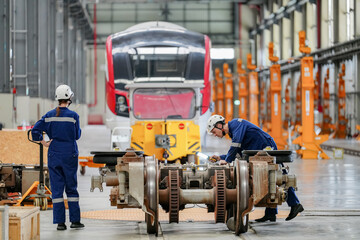 Engineers inspecting locomotive in railway engineering facility