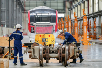 Engineers inspecting locomotive in railway engineering facility