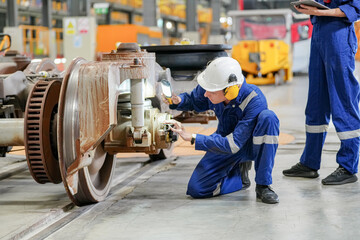 Engineers inspecting locomotive in railway engineering facility