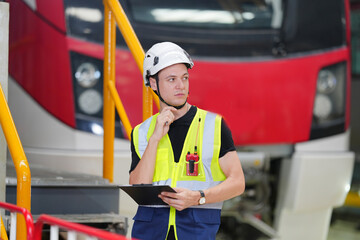Engineers inspecting locomotive in railway engineering facility