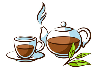 Cup and pot with black tea. Illustration of traditional drink.