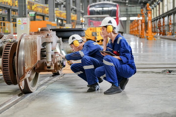 Engineers inspecting locomotive in railway engineering facility