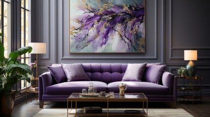 Captivating purple and gold living room. Created with Generative AI