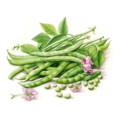 A pile of Green Beans and their flowers and leaves. Generative AI