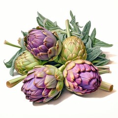 Obraz premium A pile of Artichoke and their flowers and leaves. Generative AI
