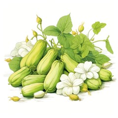 Obraz premium A pile of Chayote and their flowers and leaves. Generative AI
