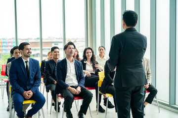 conference meeting. Business people sitting in a room listening to the motivator coach. Representation of a Self-growth and improvement special event