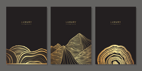 Set of luxury templates with golden mountains, hills on black background. Minimalist style blank with linear tree rings, pyramids, landscape view. Vector illustration. Vertical premium poster mock up