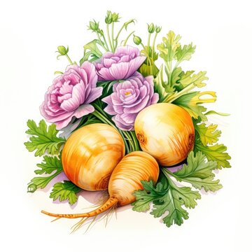 watercolor arrangement of flowers and root vegetables clip art preview