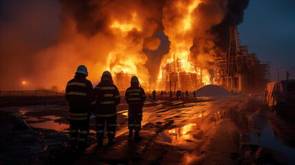 AI generated Firefighters extinguish a fire in an industrial building, chemical plant,  power plant at night